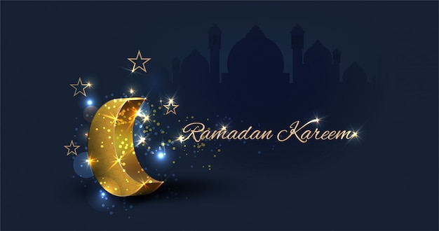 Ramadan kareem with golden crescent moon, background
