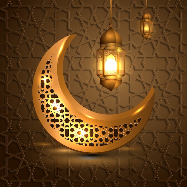 Ramadan Kareem with golden moon and lantern islamic