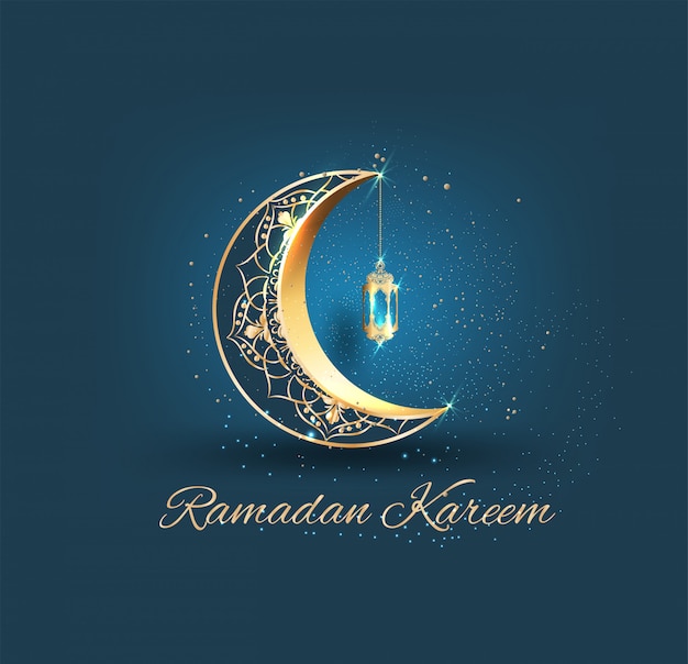 Ramadan kareem with golden ornate crescent and islamic line mosque