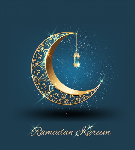 Ramadan kareem with golden ornate crescent and islamic line mosque