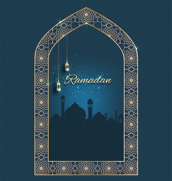 Ramadan kareem with golden ornate crescent with windows