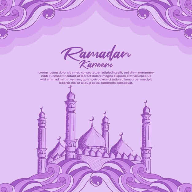 Ramadan kareem con illustrazione della moschea islamica disegnata a mano