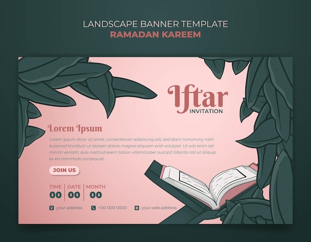 Ramadan kareem with iftar invitation in hand drawn of green leaves background design