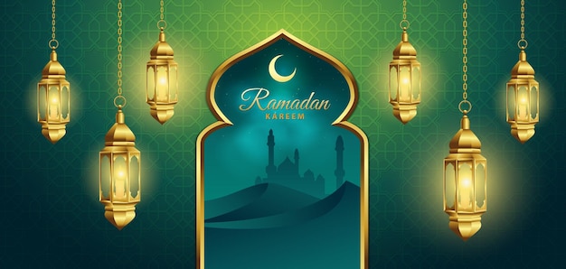 Ramadan kareem with lantern and green wall