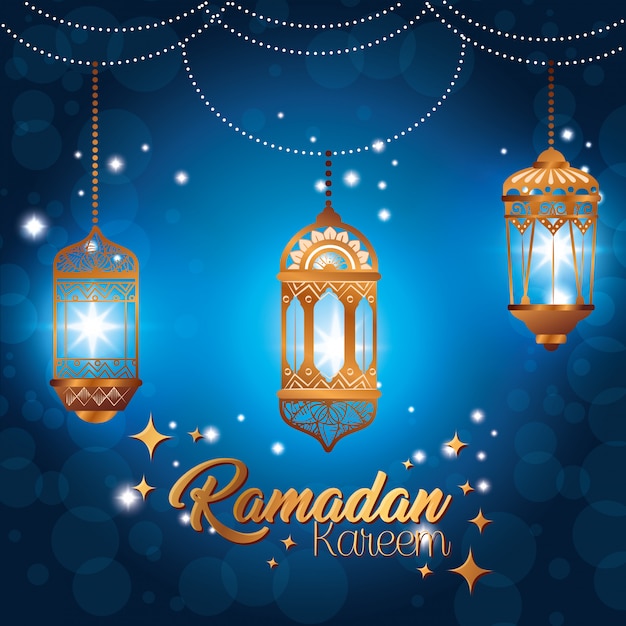 Ramadan kareem with lanterns hanging