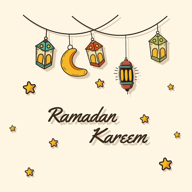 ramadan kareem with lanterns, Moon, and stars