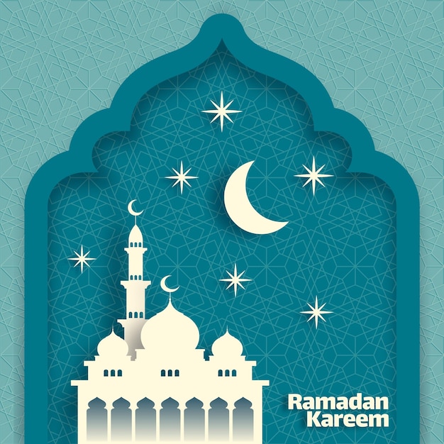 Рамадан карим с мечетью и луной, вырезанный из бумаги