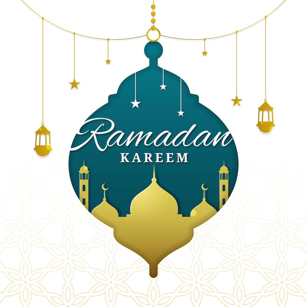 Рамадан карим с мечетью и формой фонаря в стиле вырезки из бумаги