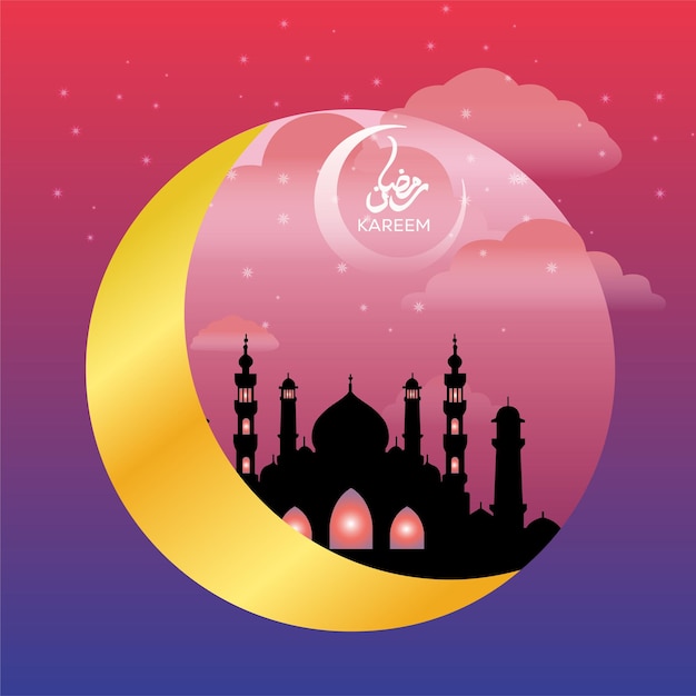 Vector ramadan kareem with mosque and moon in background illustration for religious islamic