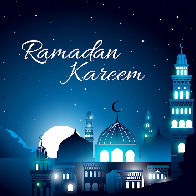 Vector ramadan kareem with mosque silhouette, the night sky with blue