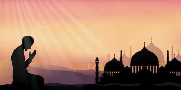 Vector ramadan kareem with prayer and mosque, silhouette muslim man making a supplication (salah)sitting on desert,arab person in traditional dress praying outdoor,islamic mosque with crescent moon and star