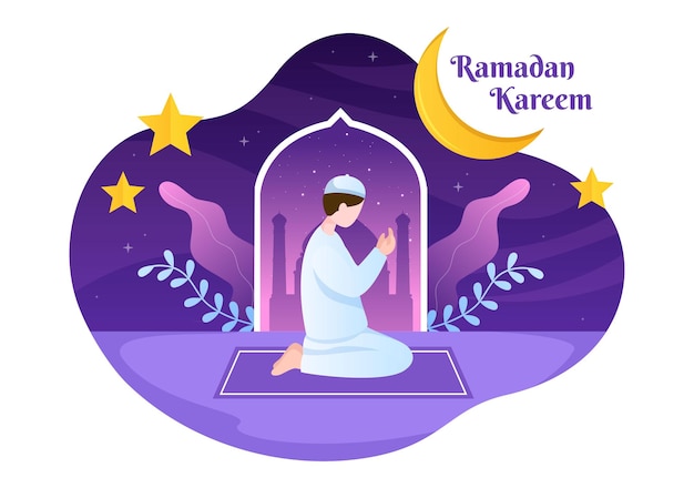 宗教的なイスラム教の背景イラストで祈る人のキャラクターとラマダンカリーム