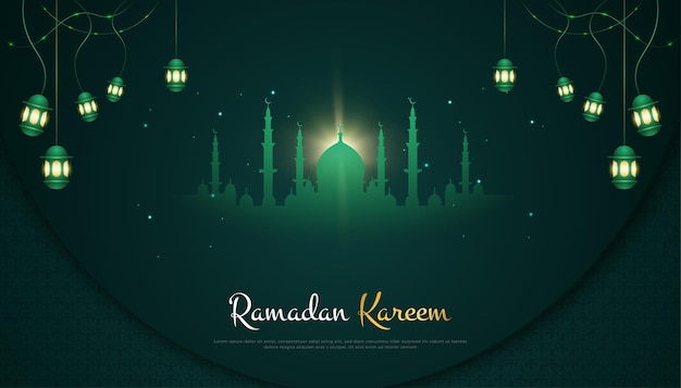 Ramadan kareem with silhouette of mosque and hanging lanterns