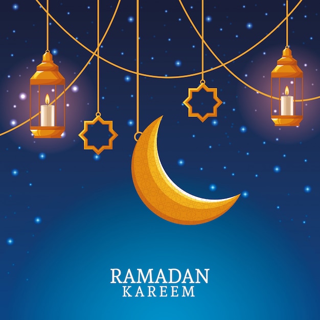 Ramadan kareem with waning moon and islamic art