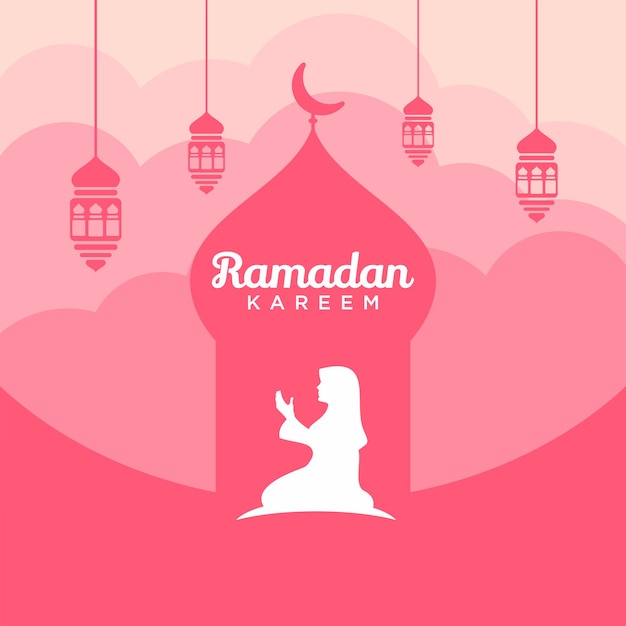 Vector ramadan kareem with a woman praying and pink background