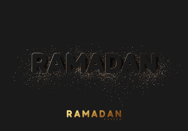 Vector ramadan kareem zwarte achtergrond met tekst in reliëf bestrooid met gouden glanzend poeder van stof en zand.