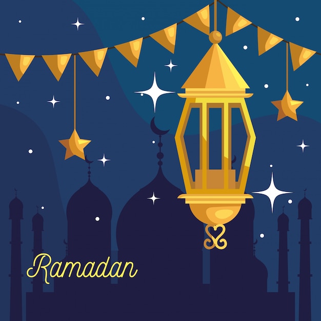 Vector ramadan kareemwith lantern and garlands hanging  illustration