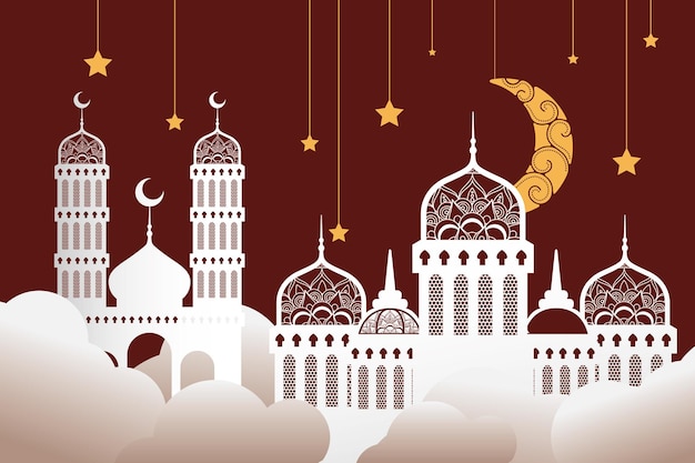Ramadan kareen viering moskeeën met gouden sterren en maan hangende afbeelding ontwerp
