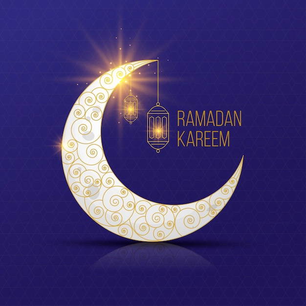 Vector ramadan karim typography with moon and islamic dark background