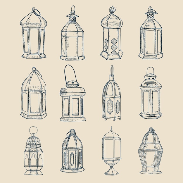 Ramadan lantaarn instellen voor uw ontwerp ramadan kareem hand getekende vector illustratie oude vintage lantaarn afbeelding