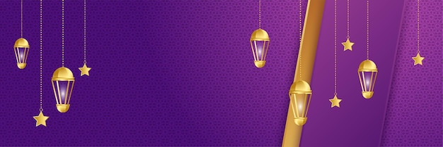 Ramadan lantaarn paars goud kleurrijke brede banner ontwerp achtergrond