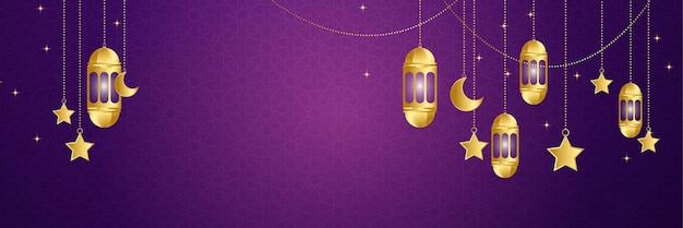Ramadan lantaarn paars goud kleurrijke brede banner ontwerp achtergrond