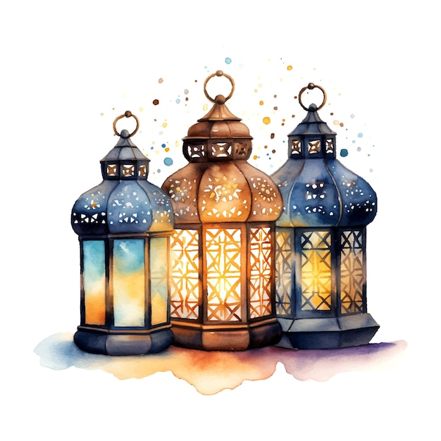 Рамаданские фонари акварельные иллюстрации на белом фоне