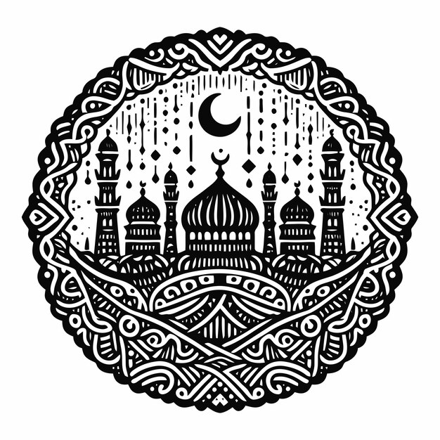 Vettore badge artistici di linea del ramadan con moschee e ornamenti