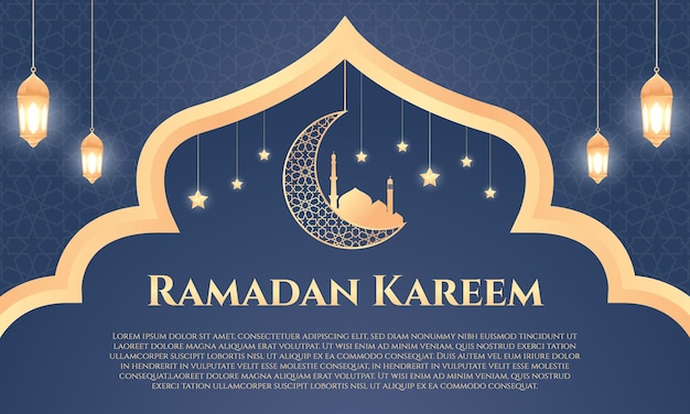 Ramadan luxe achtergrond Islamitische achtergrond met een combinatie van glanzende gouden lantaarns halve maan en moskee geschikt voor posters, banners, wenskaarten en meer