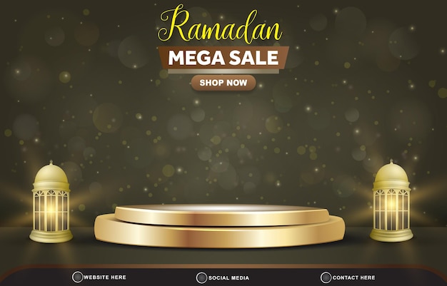 Vector ramadan mega sale discount template banner with copy space 3d podium for product sale with abstract gradient brown and yellow background design