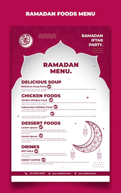 Vettore modello di menu del ramadan su sfondo islamico rosa e bianco con design a lanterna e luna