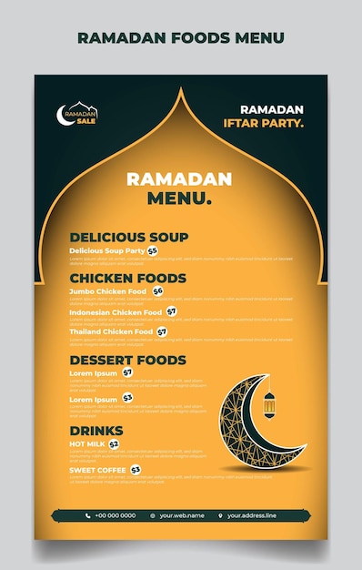 Vettore modello di menu del ramadan su sfondo islamico giallo e verde con design a luna e lanterna