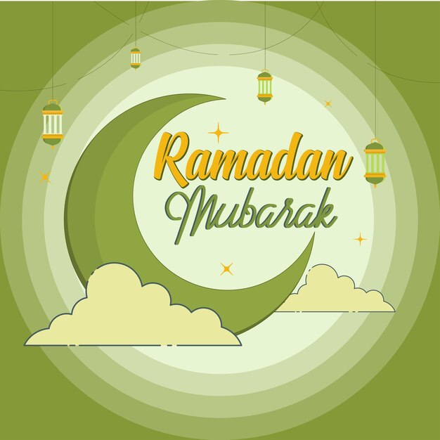 Vector ramadan moon in dark green sky background ramadan mubarak ramadan kareem typography template