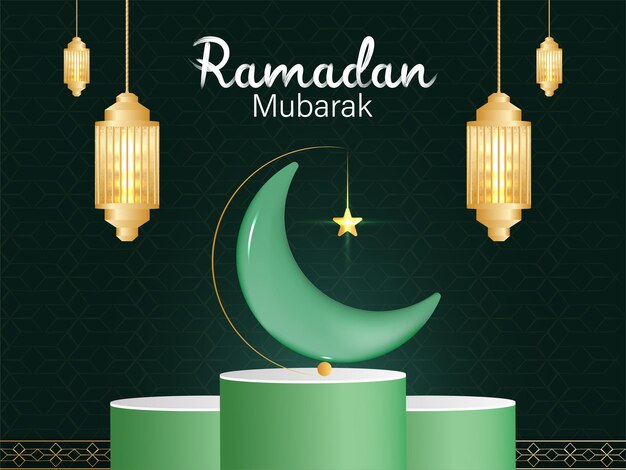 Vector ramadan mubarak 3d realistic vector illustration crescent moon and display podium with ramadan lantern