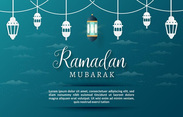 Ramadan mubarak banner abstract gradient blue and green background with beautiful shiny islamic ornament