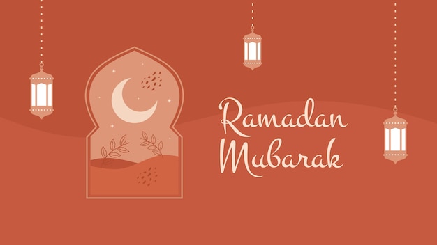 Ramadan mubarak banner achtergrond met venstermaan en lantaarns