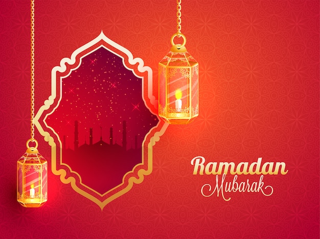 Ramadan Mubarak banner design with hanging illuminated lanterns on red background.