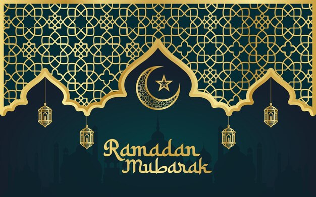 Ramadan Mubarak Banner Or Poster Background with Golden Lantern Moon And Mosque Vector Illustration