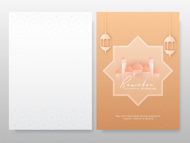 Ramadan mubarak cards with beautiful mosque and hanging lanterns.