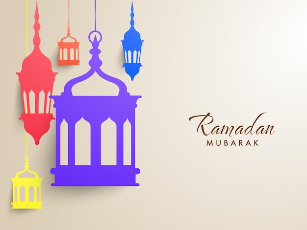 Ramadan mubarak celebration concept with colorful paper style lanterns hang on gray background