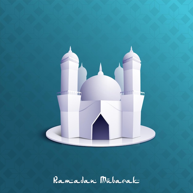 Ramadan Mubarak Celebration Concept With Glossy Origami Paper Mosque On Dark Turquoise Geometric Flower Pattern Background