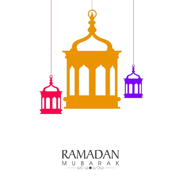 Il biglietto di auguri per la celebrazione del ramadan mubarak decorato con lanterne colorate si appende su sfondo bianco