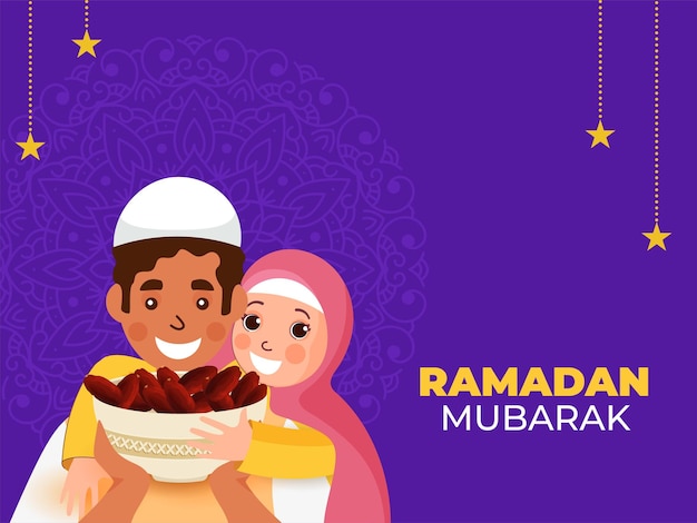 Ramadan mubarak concept with cheerful islamic young boy and girl holding bowl full of dates on purple mandala background