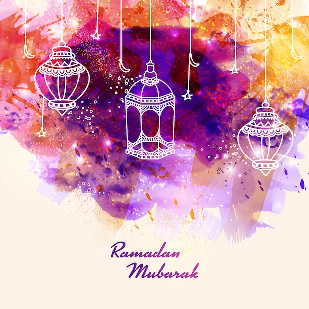 Ramadan Mubarak Concept With Hanging Linear Islamic Ornament On Abstract Watercolor Brush And Light Effect Background