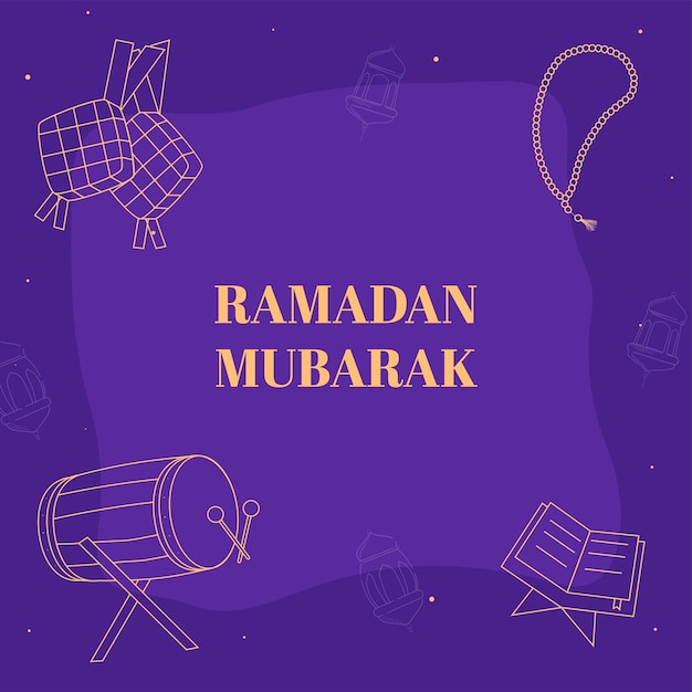 Концепция Рамадана Мубарака с линейным стилем Дхол (барабан), Коран Рехал, Тасбих, Кетупатс на фиолетовом фоне.