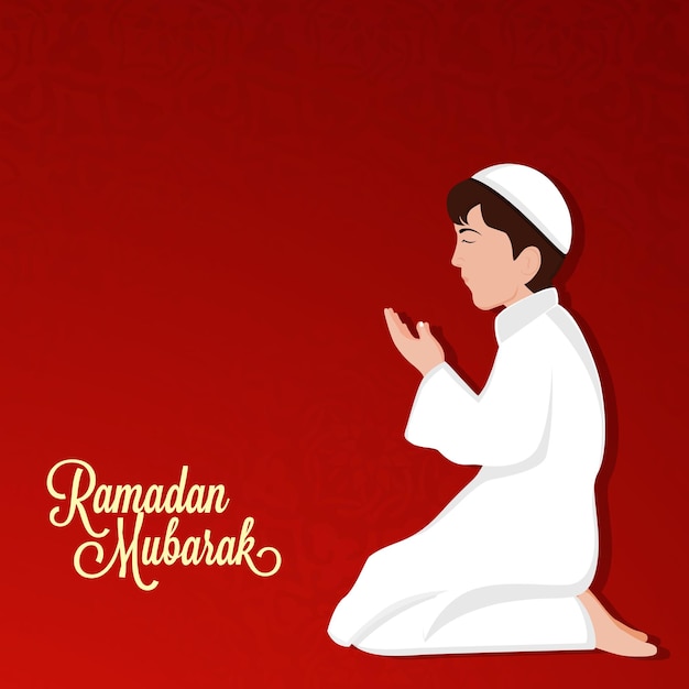 Ramadan Mubarak Concept With Religious Young Boy Offering Namaz Prayer On Red Background