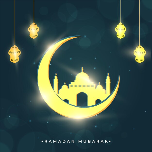 Ramadan Mubarak Concept With Shiny Yellow Crescent Moon Mosque Lanterns Hang On Dark Teal Lights Effect Background