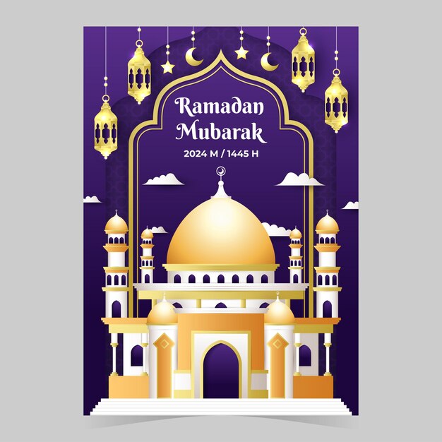 Ramadan Mubarak Fasting Month Poster with Golden Mosque and Lantern