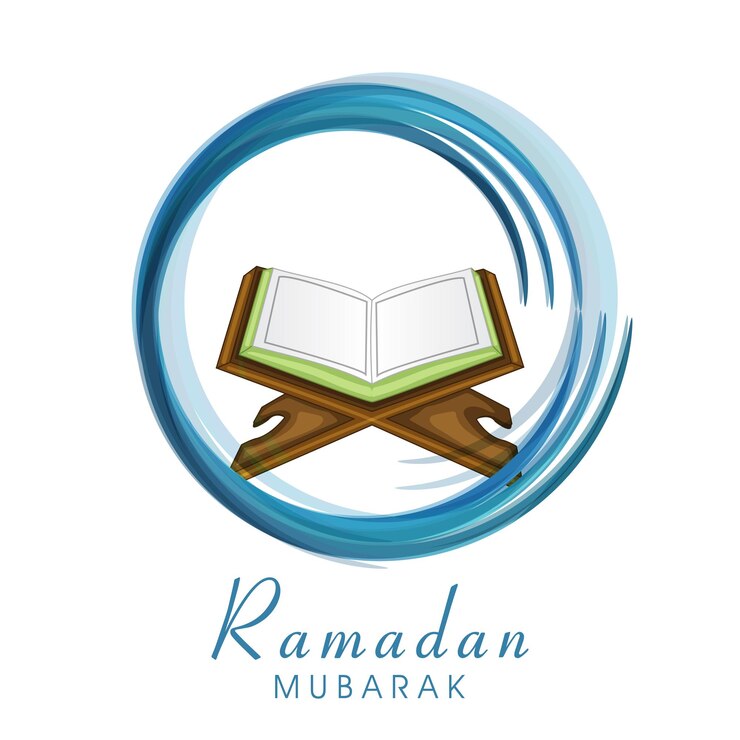 वेक्टर ramadan mubarak font with open holy quran book at rehal and circular blue brush effect on white background