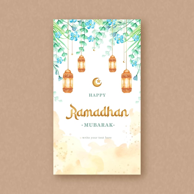 Ramadan Mubarak Greeting Card met blauwe bloemen op de achtergrond